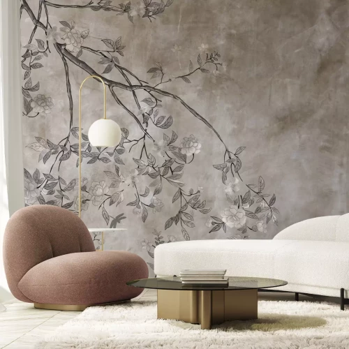 Fototapete Baumzweige mit Blättern auf Betongrund