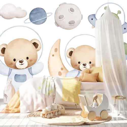 Sticker Teddybären Sternchen und Planeten im Weltraum