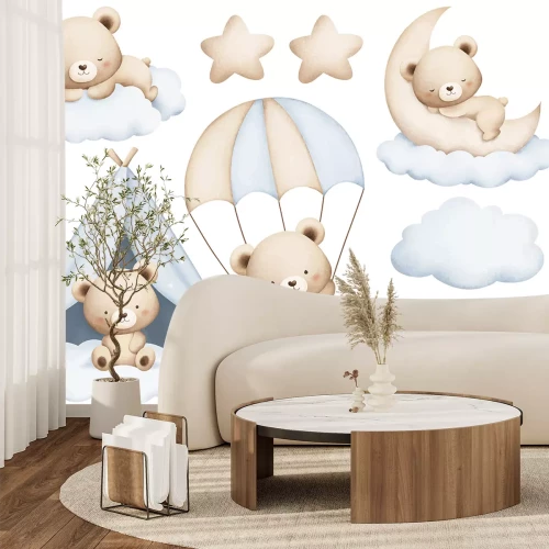 Sticker Teddybären Wolken und Sternchen im Aquarellstil