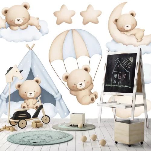 Sticker Teddybären Wolken und Sternchen im Aquarellstil