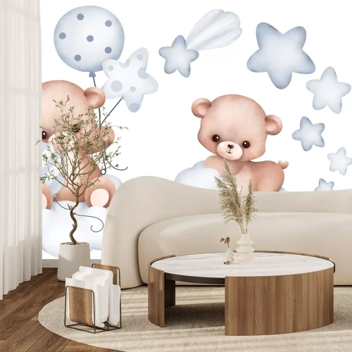 Sticker Teddybären mit Ballons auf Wolken zwischen Sternen