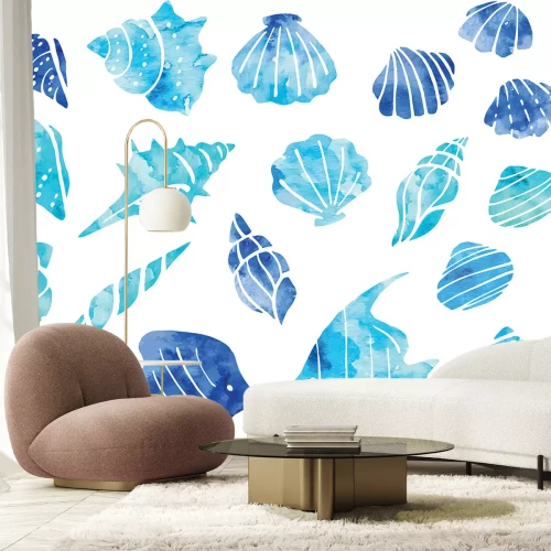 Sticker Blaue Muscheln und Fische im Aquarellstil