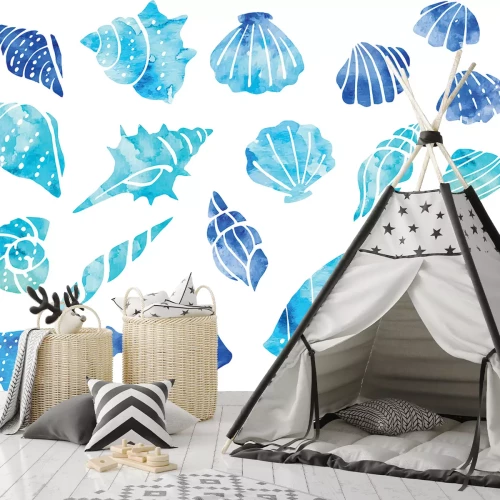 Sticker Blaue Muscheln und Fische im Aquarellstil