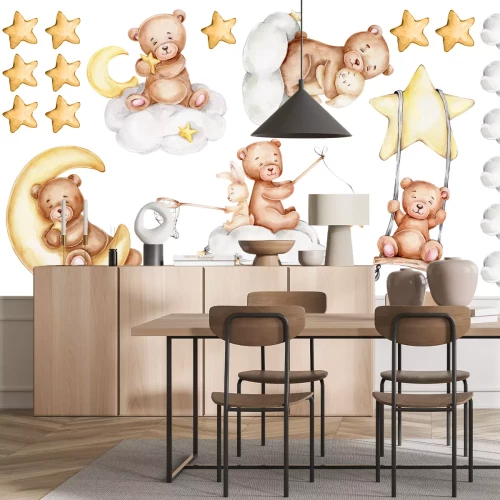 Sticker Teddybären Hasen Wolken und Sternchen Aquarellkomposition für Kinder