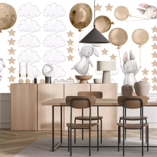 Sticker Kaninchen mit Ballons zwischen Wolken