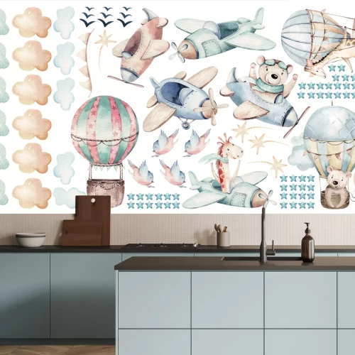 Sticker Niedliche Tiere in Flugzeugen und Ballons Aquarellmuster für Kinder