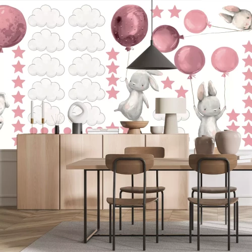 Sticker Rosa Häschen Ballons Sternchen und Wolken