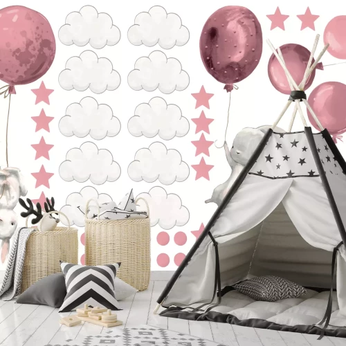 Sticker Rosa Häschen Ballons Sternchen und Wolken