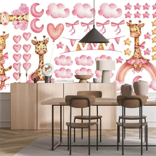 Sticker Giraffen rosa Herzen Wolken und Sternchen