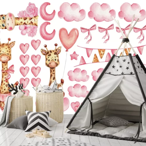Sticker Giraffen rosa Herzen Wolken und Sternchen