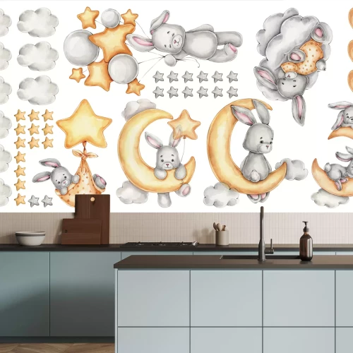 Sticker Kaninchen Sterne Ballons zwischen Wolken und Monden