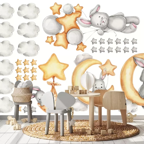 Sticker Kaninchen Sterne Ballons zwischen Wolken und Monden