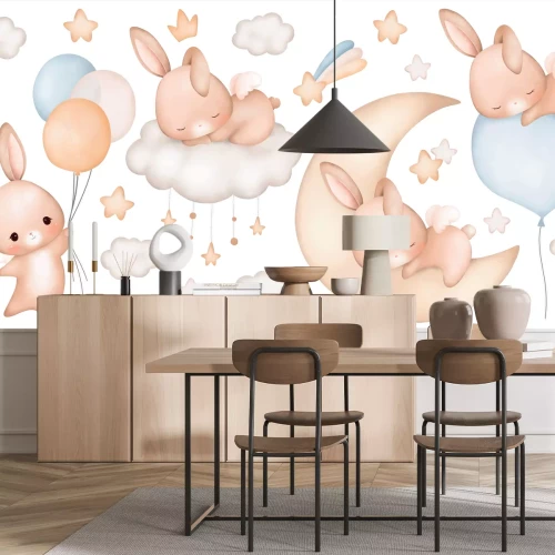 Sticker Schlafende Kaninchen Wolken Sterne und Ballons