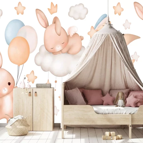 Sticker Schlafende Kaninchen Wolken Sterne und Ballons