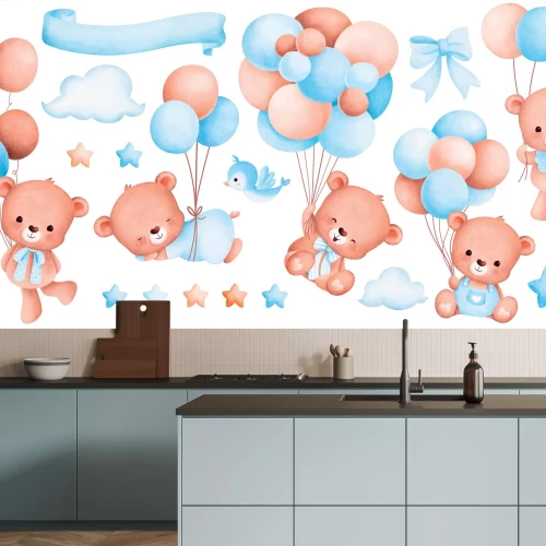 Sticker Süße Bären mit blauen Ballons im Aquarellstil