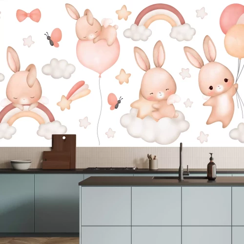 Sticker Kaninchen mit Ballons Wolken und Regenbogen