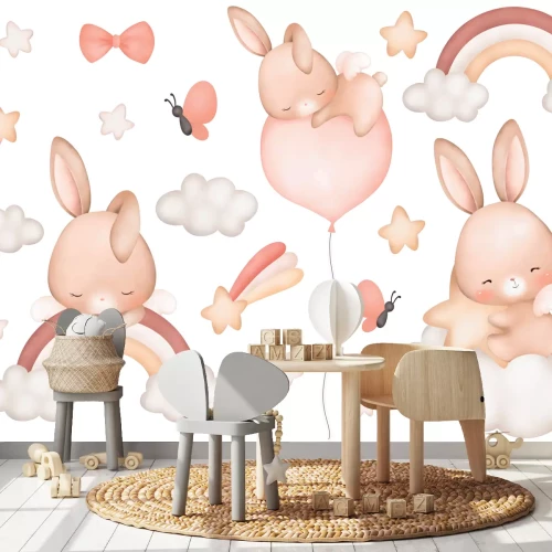 Sticker Kaninchen mit Ballons Wolken und Regenbogen