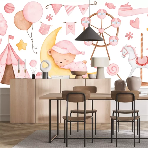 Sticker Aquarellkomposition eines Vergnügungsparks mit einem Bären auf dem Mond