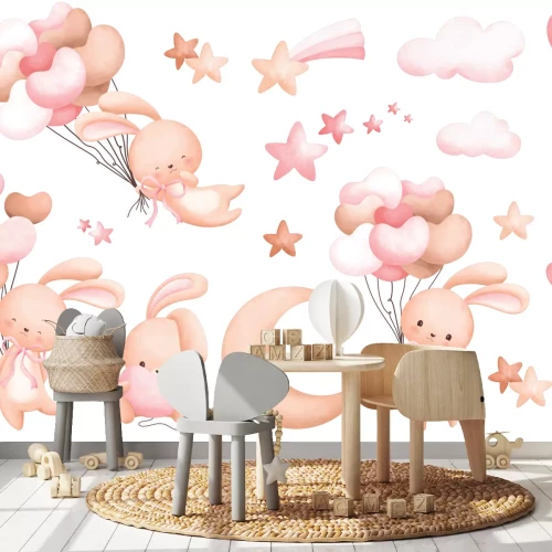 Sticker Kaninchen Ballons Herzen und Sterne