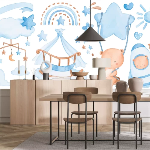 Sticker Bären vor dem Himmel mit blauen Wölkchen und Regenbogen