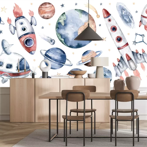 Sticker Aquarellplaneten Raumschiffe und Sterne