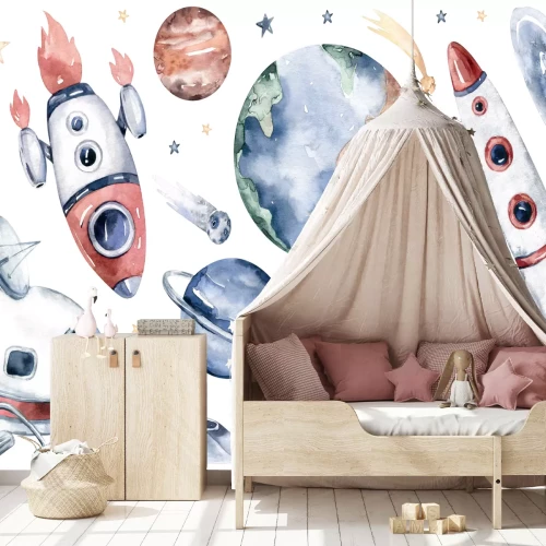 Sticker Aquarellplaneten Raumschiffe und Sterne