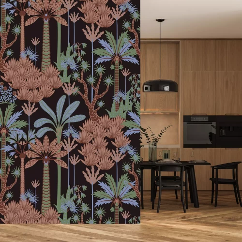 Sticker Tropische Vegetation in Braun- Grün- und Blautönen auf dunklem Hintergrund