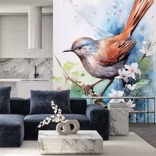 Sticker Aquarellvogel auf einem blühenden Baumzweig