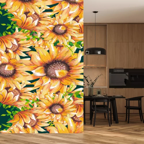 Sticker Aquarell-Sonnenblumen auf dunkelgrünem Hintergrund