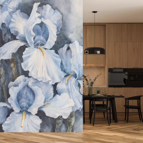 Sticker Hellblaue Irisblumen im Aquarellstil