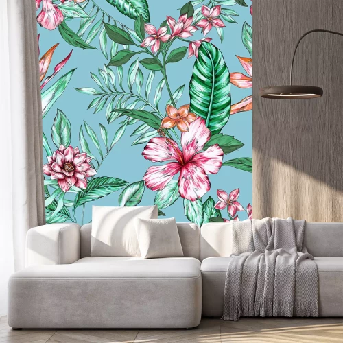 Sticker Tropische Blumen und Blätter auf hellblauem Hintergrund