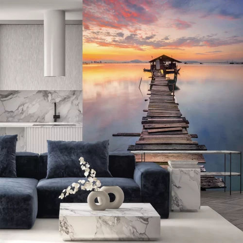 Sticker Holzsteg vor dem Hintergrund eines Sonnenuntergangs