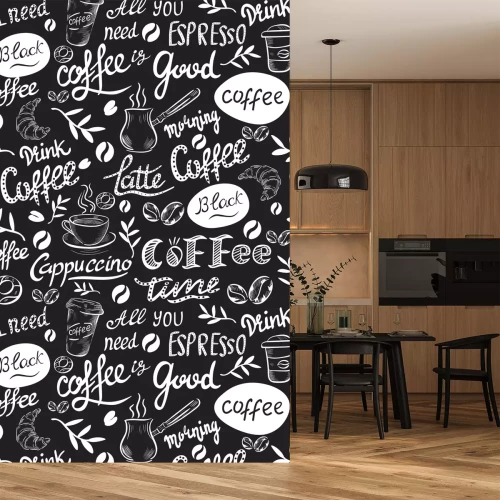 Sticker Schwarz-weißes Muster mit Kaffeemotiven und Schriftzügen
