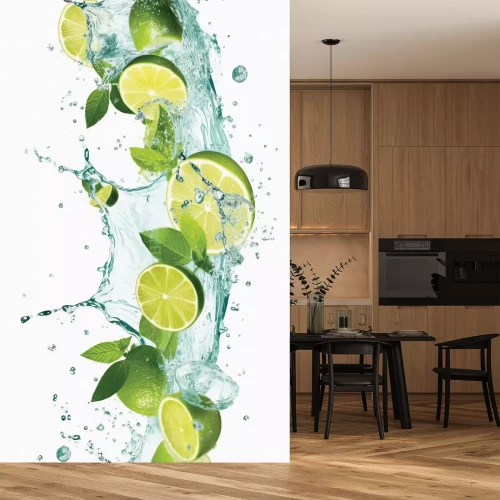 Sticker Limetten und Minzblätter, die ins Wasser fallen
