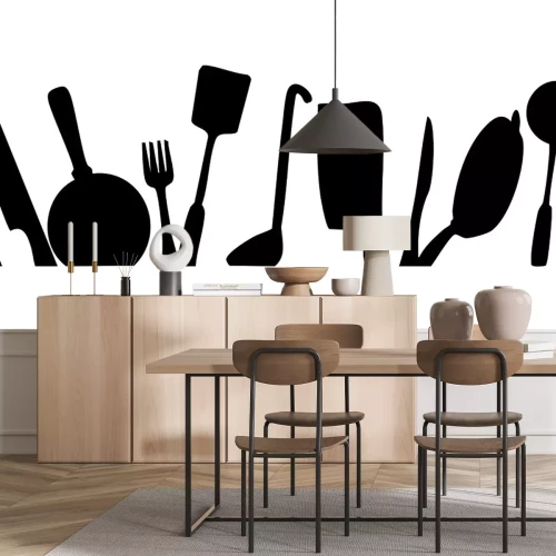 Sticker Schwarz-weißes Muster mit Küchenutensilien