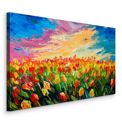 Bild Ein Feld roter und gelber Tulpen im malerischen Stil