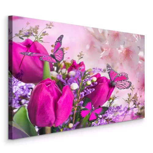 Bild Rosa Tulpen mit lila Blüten und Schmetterlingen