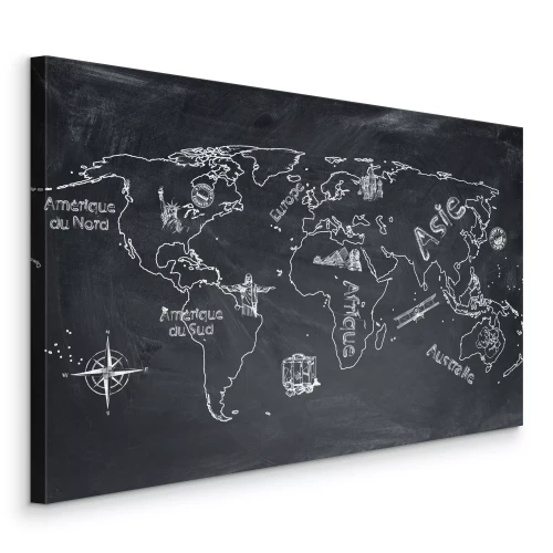 Bild Weltkarte mit Kontinenten und Beschriftungen auf einer Tafel