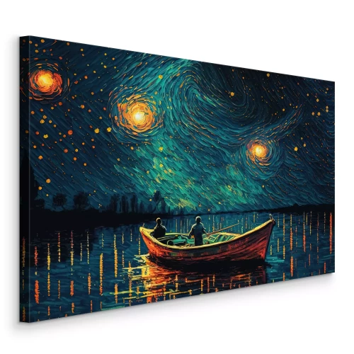 Bild Ein Boot auf einem See bei Nacht im Stil eines Gemäldes von van Gogh