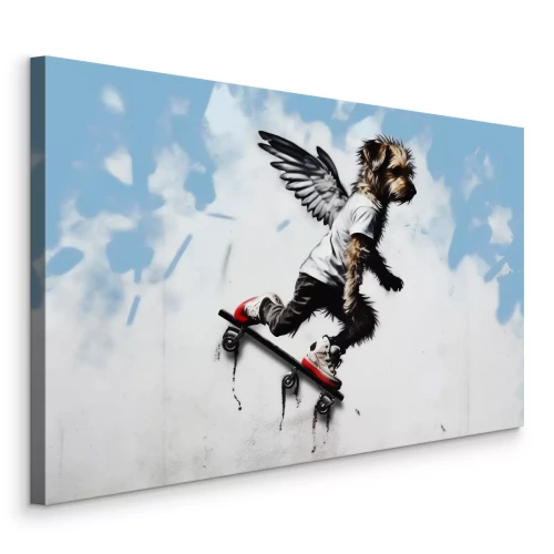 Bild Hund mit Flügeln auf einem Skateboard