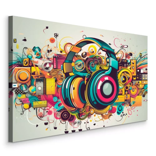 Bild Grafische Komposition mit Kopfhörern und musikalischen Motiven
