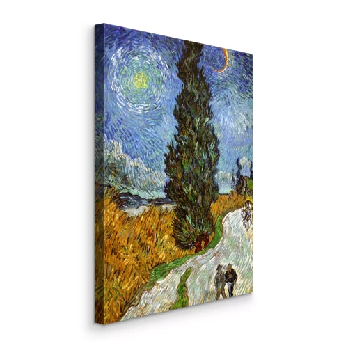 Bild Menschen, die auf einer Straße zu einem Dorf mit Weizenfeldern spazieren gehen