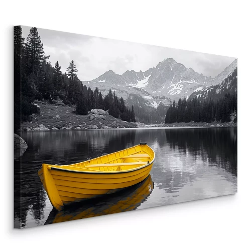 Bild Ein gelbes Boot vor dem Hintergrund eines schwarz-weißen Sees