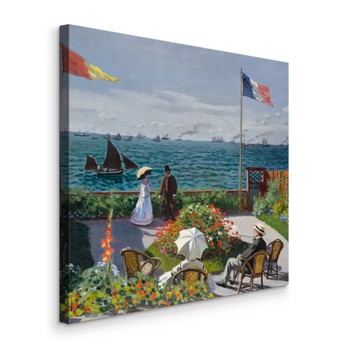 Bild Eine Blumenterrasse am Meeresufer mit einem kleinen Boot