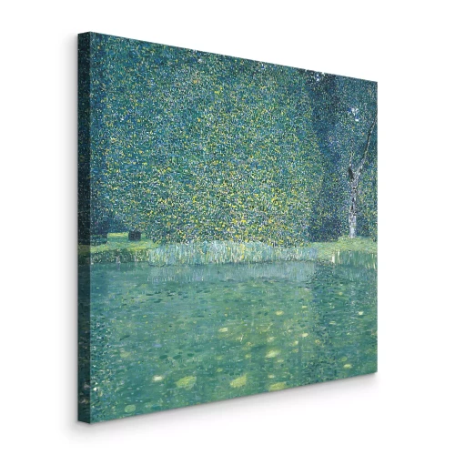 Bild Aquarellszene eines üppigen Waldes und ruhigen Wassers