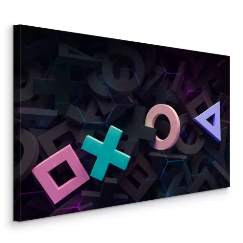 Bild Farbenfrohe Symbole in einer 3D-Komposition auf dunklem Hintergrund