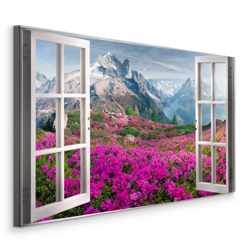 Bild Der Blick aus dem offenen Fenster auf Azaleen und Berggipfel