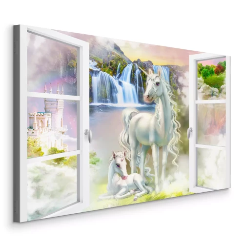 Bild Fenster mit Blick auf Einhörner und einen Wasserfall