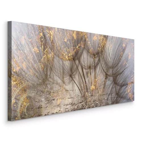 Bild Goldene Löwenzahnblüten mit Text auf hellem Hintergrund