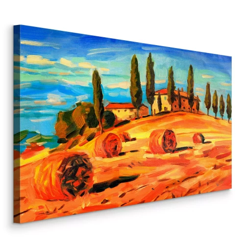 Bild Sonnige Felder mit Zypressen und Heu